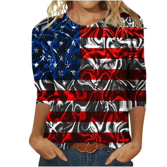 ATOYSOY Women's Pullover Summer Tops Star Flag Graphic Independence Day Loose Retro Activewear Saving Fashion Workout Causal July 4th 3/4 Sleeve Patriotic Shirts Girls Blue L