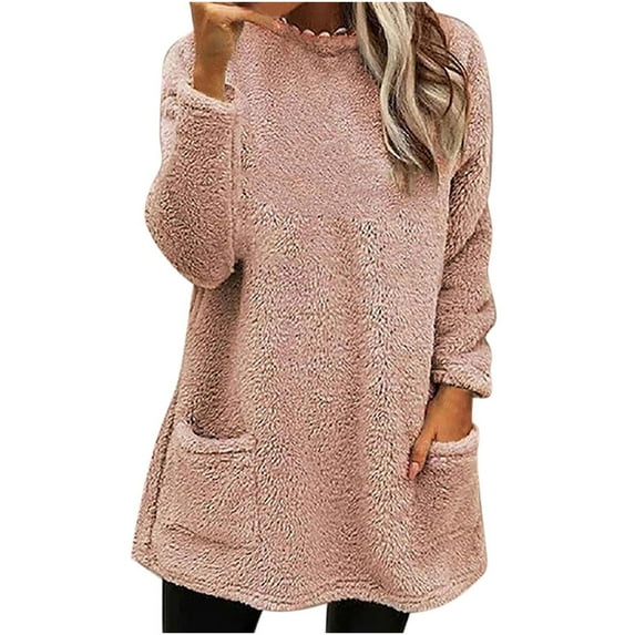 ATOYSOY Women's Pullover Workout Crew Neck Sweatshirts Outwear Loose Fleece Tops Pockets Long Sleeve Thicken Tees Fall Winter Casual Fuzzy Shirts Fashion Pink S