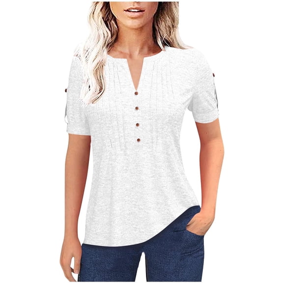 ATOYSOY Women's Quarter Button Pullovers Casual Puff Sleeve Tops Cute Loose Dressy Tunic Shirts Fashion Holiday Cotton Lined Business Tees V Neck Pleated Blouses Summer S
