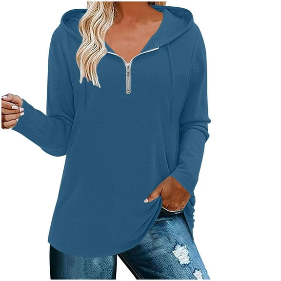 ATOYSOY Women's Quarter Zipper Sweatshirts Loose Hoodie Tops Fashion Workout Solid Color Pullover Spring Long Sleeve Shirts Winter Casual Blouse Blue S
