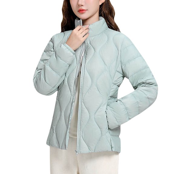 ATOYSOY Women's Quilted Puffer Jacket Winter Full Zip Long Sleeve St Collar Cute Warm Thermal Trench Coats with Pockets Blue XL