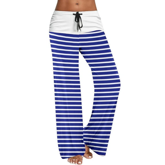 ATOYSOY Women's Regular Comfy Activewear Wide Leg Pants High Waist Trendy Pants Casual Workout Palazzo Pants Trousers Retro Striped Bandage Sweatpants Blue L