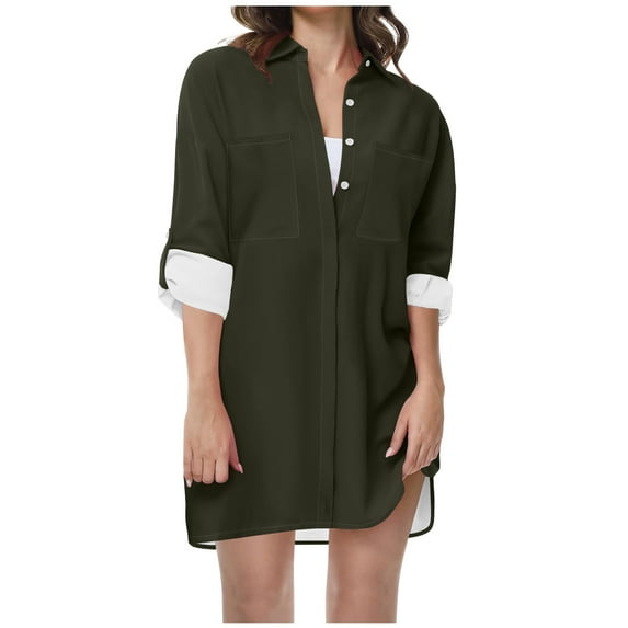 ATOYSOY Women's Relaxed Comfy Casual Button Down Loose Basic Long Tops Dressy Workout Trendy Solid Color Blouses Turn Down Collar Shirts Fall Long Sleeve Tees Green XXL