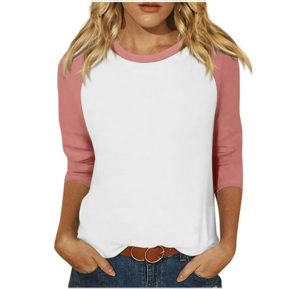 ATOYSOY Women's Relaxed Comfy Casual Loose Basic Raglan Tops 3/4 Sleeve Tees Workout Solid Color Patchwork Blouses Crew Neck Shirts Fall Trendy Pink XXXXL