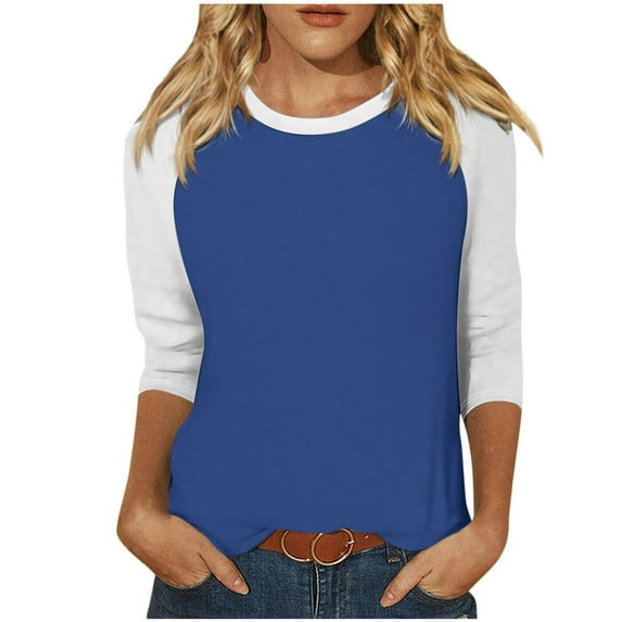 ATOYSOY Women's Relaxed Comfy Casual Loose Basic Raglan Tops 3/4 Sleeve Tees Workout Trendy Solid Color Patchwork Blouses Crew Neck Shirts Fall Blue XXXXL