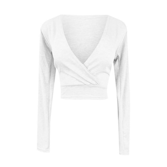 ATOYSOY Women's Relaxed Solid Color Basic Blouses Slim Yoga Crop Tops Long Sleeve Ruched Pullovers Deep V Neck Shirts Fall Workout Retro Casual Trendy White XL