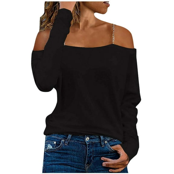 ATOYSOY Women's Relaxed Solid Color Blouses Elegant Chain Tops Long Sleeve Pullovers Trendy Off Shoulder Shirts Fall Workout Comfy Casual Black S