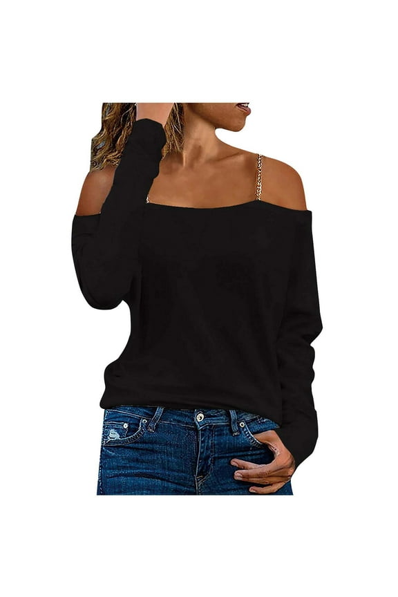 Women's Relaxed Solid Color Blouses Elegant Chain Tops Long Sleeve Pullovers Trendy Off Shoulder Shirts Fall Workout Comfy Casual Black S