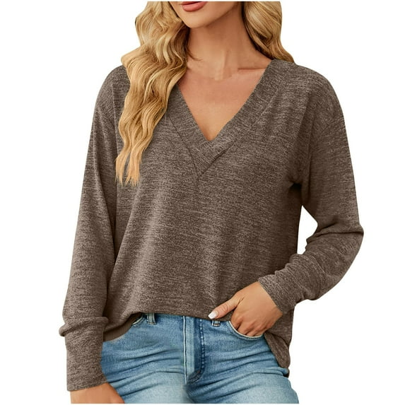 ATOYSOY Women's Relaxed Solid Color Blouses Loose Basic Tops Trendy V Neck Shirts Fall Long Sleeve Pullovers Workout Comfy Casual Button Down Clearance Brown S