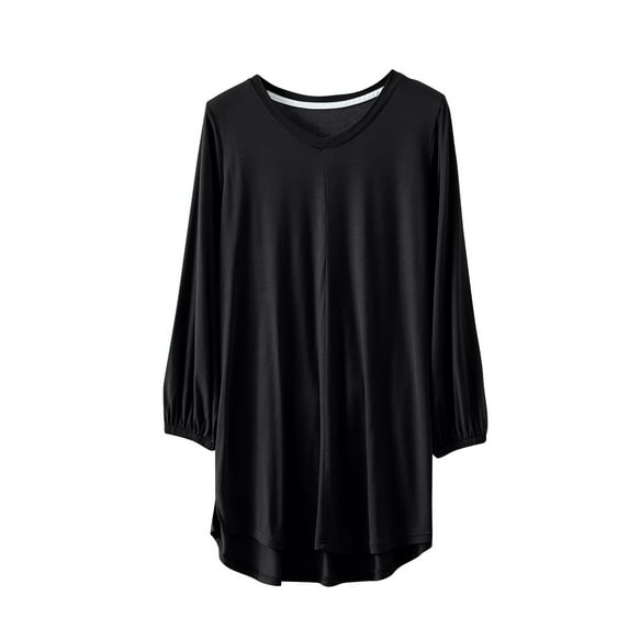 ATOYSOY Women's Retro Activewear Solid Color Loose Pullover Dressy V Neck Blouses Long Sleeve Basic Tees Casual Tunic Summer Plus Size Tops Fashion Workout Black XL