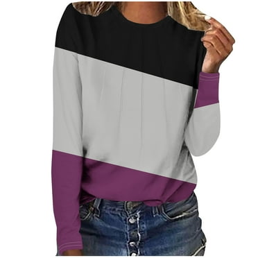 ATOYSOY Women's Retro Color Block Pleated Pullover Workout Loose Tops Clearance Fashion Long Sleeve Tees Fall Winter Crew Neck Sweatshirts Outwear Casual Shirts Purple XL