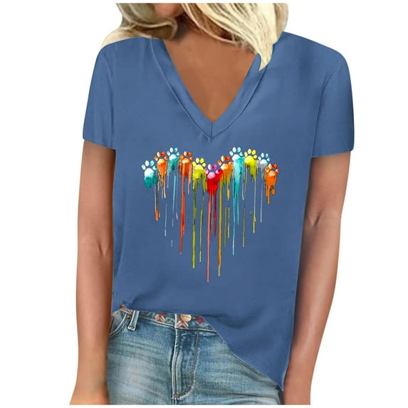 ATOYSOY Women's Retro Heart Shape Graphic Tees V Neck Pullover Short Sleeve T Shirts Causal Workout Comfy Loose Tops Regular Fit Trendy Summer Saving for Girls Blue XXL
