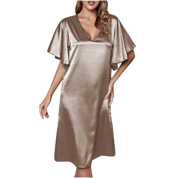 ATOYSOY Women's Retro Satin Silk Mini Loose Dress Sleepwear Beach Sundress Casual Relaxed Nighdress Trendy Summer Saving Ruffle Sleeve V Neck Workout Dress for Girls Yellow