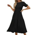 thumbnail image 1 of ATOYSOY Women's Retro Short Sleeve Beach Sundress Trendy Summer Saving Tea Length A Line Dress High Waist Elegant Casual Elastic Tiered Round Neck Workout Dress for Girls Black, 1 of 7
