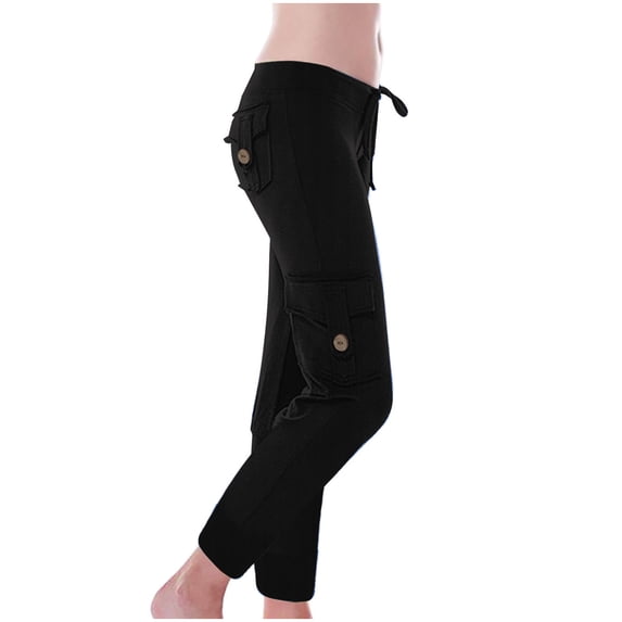 ATOYSOY Women's Retro Solid Color Button Sweatpants Casual Workout Trousers Loose Knitted Elastic Waist Summer Trendy Pants Pockets Capris Ribbed Pants Joggers Black XL