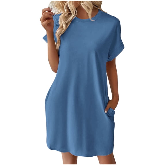 ATOYSOY Women's Retro Solid Color Mini Loose Dress Sleepwear Beach Sundress Short Sleeve Casual Relaxed Nightdress Round Neck Trendy Workout Dress for Girls Blue S
