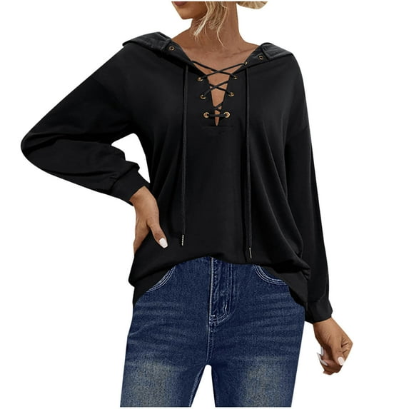 ATOYSOY Women's Retro Solid Color Pullover Workout Long Sleeve Tees Fall Winter Casual Shirts Fashion V Neck Lacing Sweatshirts Outwear Loose Hoodie Tops Black L