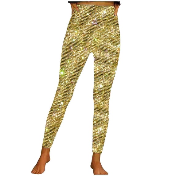 ATOYSOY Women's Retro Solid Color Sequins Party Pants Sports Activewear Workout Skinny Trousers High Waist Clearance Summer Casual Yoga Legging Pants Yellow M