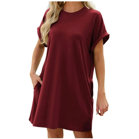 ATOYSOY Women's Retro Solid Color Short Sleeve Beach Sundress Trendy Mini Loose Dress Sleepwear Round Neck Casual Relaxed Nightdress Workout Dress for Girls Red L