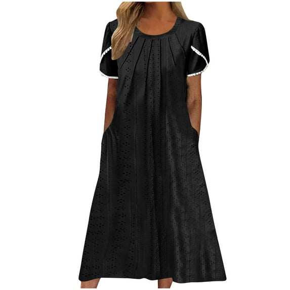 ATOYSOY Women's Retro Solid Color Tea Length A Line Dress Elegant Casual Eyelet Trendy Round Neck Pockets Petal Sleeve Beach Sundress Dress for Girls Black XL