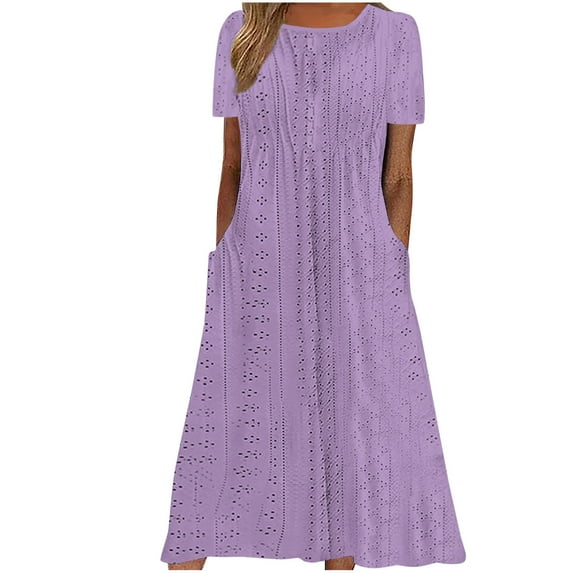 ATOYSOY Women's Retro Solid Color Tea Length A Line Dress Trendy Short Sleeve Elegant Casual Eyelet Round Neck Pockets Beach Sundress Dress for Girls Purple S