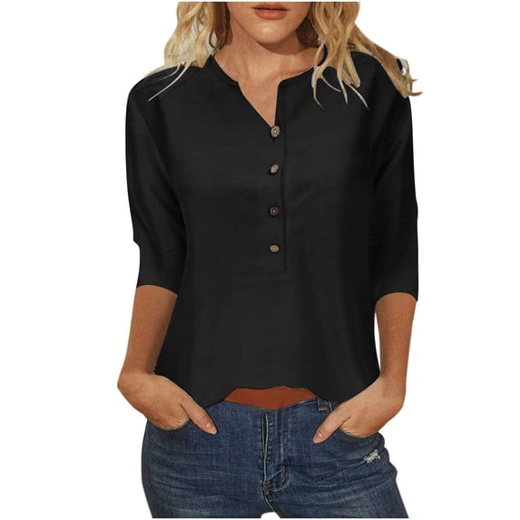 ATOYSOY Women's Retro Solid Color Tees 3/4 Sleeve Half Button T Shirts Causal Workout Comfy Regular Fit Trendy V Neck Pullover Loose Basic Tops for Girls Black XXL
