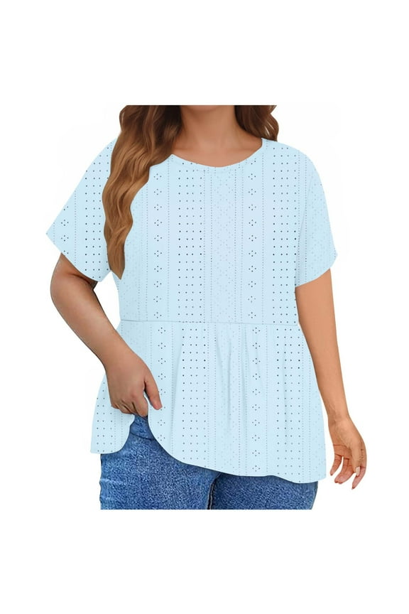 Women's Retro Solid Color Tees Eyelet Plus Size Tops Loose Tunic Causal Workout Comfy Short Sleeve T Shirts Trendy Round Neck Pullover for Girls Blue XXXL