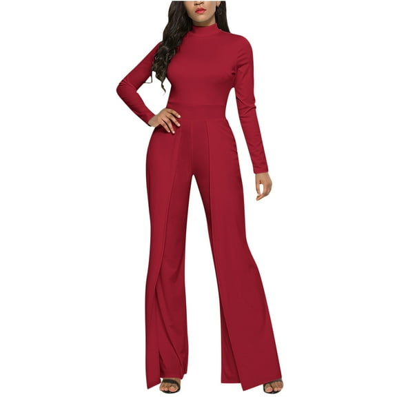 ATOYSOY Women's Retro Solid Color Trendy Pants Long Sleeve Crew Neck Summer Activewear Skinny Rompers Workout Yoga Slimtrousers Casual Wide Leg Jumpsuits Pants Red L