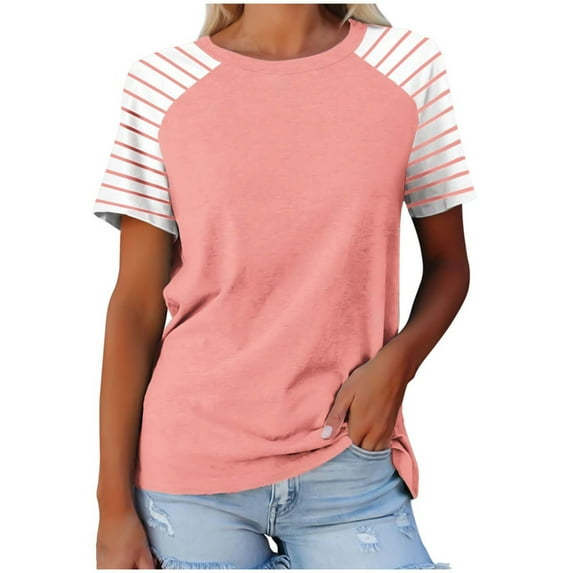 ATOYSOY Women's Retro Stripe Tees Raglan Loose Tops Short Sleeve T Shirts Round Neck Pullover Causal Workout Comfy Regular Fit Trendy for Girls Pink L