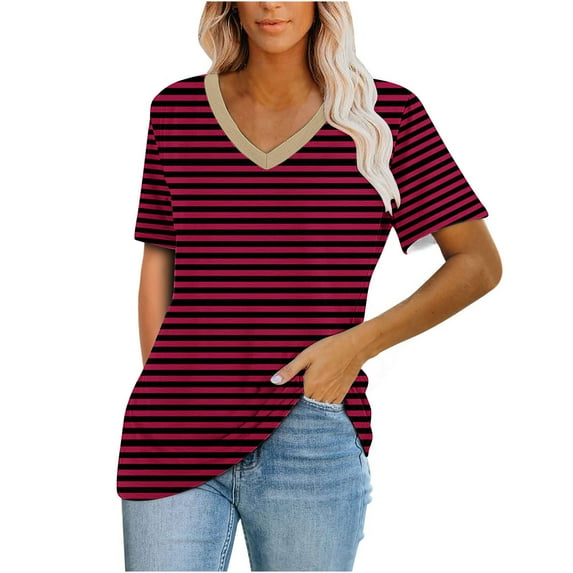 ATOYSOY Women's Retro Striped Pullovers Summer Loose Tops Cleanrance Fashion Comfy Casual Workout Relaxed Shirts V Neck Blouses Activewear Short Sleeve Tees for Female Red L