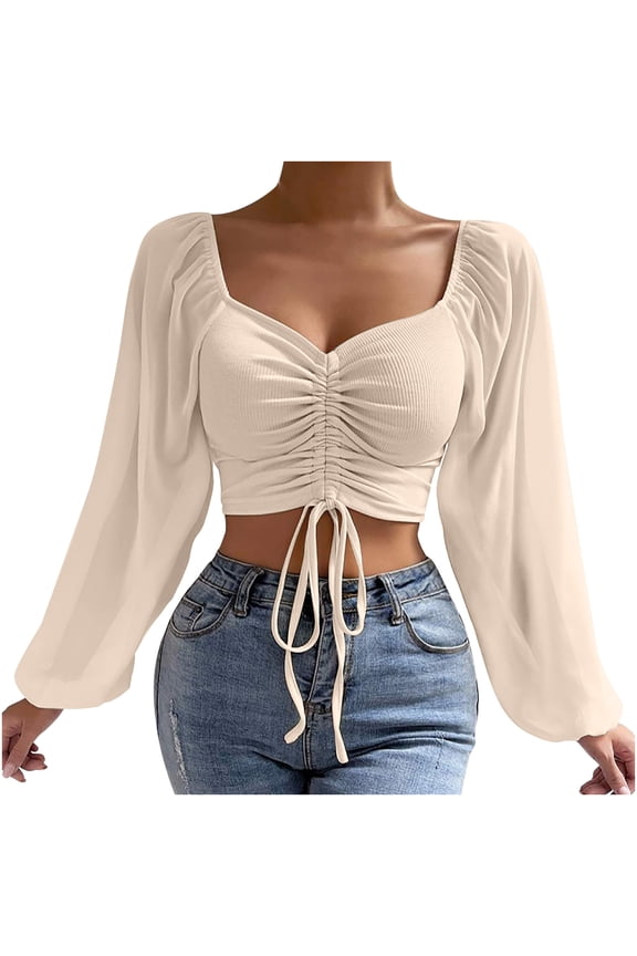 Women's Ribbed Crop Tops Elegant Casual Drawstring for Teens Girls Fashion Shirts Summer Pullover Solid Color Long Sleeve V Neck Retro Yellow XXL