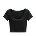 thumbnail image 1 of ATOYSOY Women's Ribbed Slim Crop Tops Fashion Shirts Solid Color Round Neck Retro for Teens Girls Summer Pullover Short Sleeve Elegant Casual Drawstring Black XL, 1 of 3