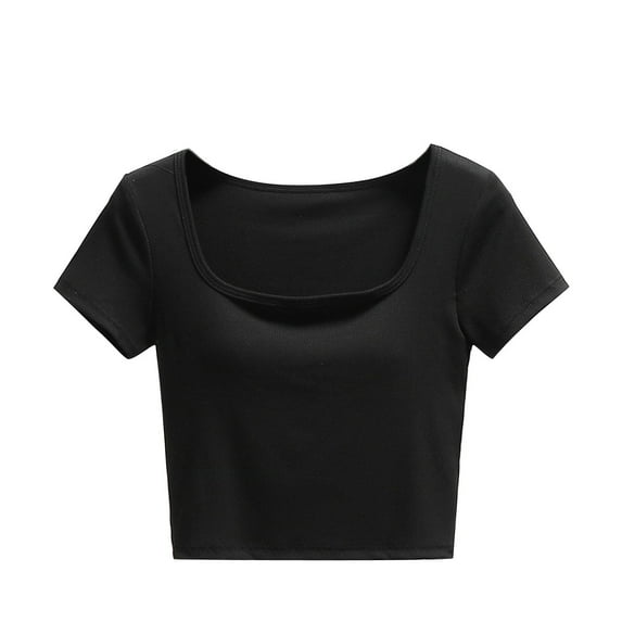 ATOYSOY Women's Ribbed Slim Crop Tops Fashion Shirts Solid Color Round Neck Retro for Teens Girls Summer Pullover Short Sleeve Elegant Casual Drawstring Black XL