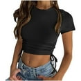 thumbnail image 1 of ATOYSOY Women's Ribbed Slim Crop Tops Fashion Shirts Solid Color Round Neck Retro for Teens Girls Summer Pullover Short Sleeve Elegant Casual Drawstring Black L, 1 of 9