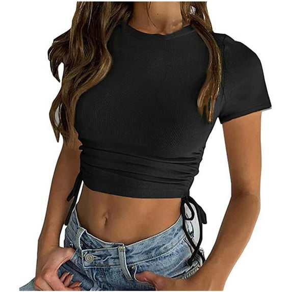 ATOYSOY Women's Ribbed Slim Crop Tops Fashion Shirts Solid Color Round Neck Retro for Teens Girls Summer Pullover Short Sleeve Elegant Casual Drawstring Black L