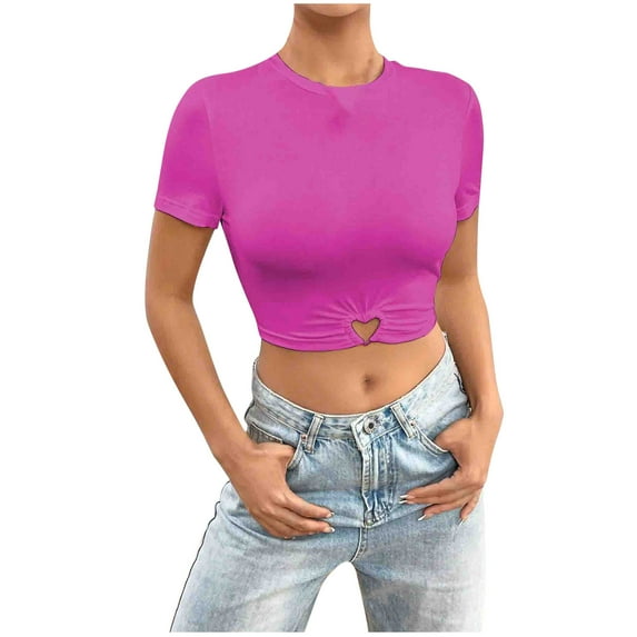 ATOYSOY Women's Ribbed Slim Crop Tops Clearance Fashion Shirts Solid Color Round Neck Retro for Teens Girls Summer Pullover Short Sleeve Elegant Casual Drawstring Pink L