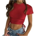 thumbnail image 1 of ATOYSOY Women's Ribbed Slim Crop Tops Clearance Fashion Shirts Solid Color Round Neck Retro for Teens Girls Summer Pullover Short Sleeve Elegant Casual Drawstring Red S, 1 of 8
