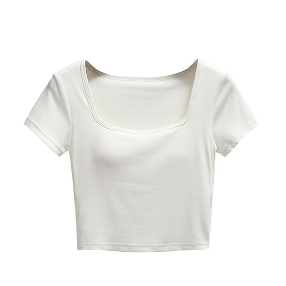 ATOYSOY Women's Ribbed Slim Crop Tops Fashion Shirts Solid Color Round Neck Retro for Teens Girls Summer Pullover Short Sleeve Elegant Casual Drawstring White XL