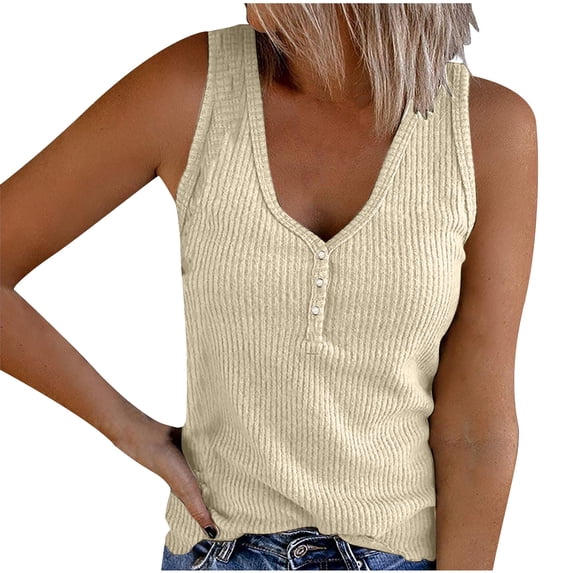 ATOYSOY Women's Ribbed Slim Tank Tops Basic Tees V Neck Quarter Button Activewear Girls Camisole Summer Workout Casual Undershirt Running Sleeveless Trendy Beige