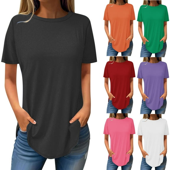 ATOYSOY Women's Round Neck Blouses Activewear Loose Dressy Tops Fashion Casual Workout Shirts Short Sleeve Tees Retro Cleanrance Solid Color Pullovers Summer for Female Green XL