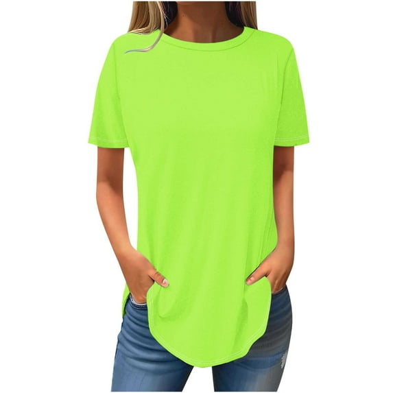 ATOYSOY Women's Round Neck Blouses Activewear Loose Dressy Tops Fashion Retro Casual Workout Shirts Solid Color Pullovers Summer Cleanrance Short Sleeve Tees for Female Green XL