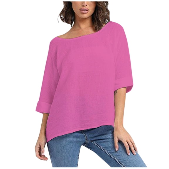 ATOYSOY Women's Round Neck Blouses Fall Plus Size Tops Long Sleeve Basic Tees Fashion Workout Loose Pullover Dressy Activewear Casual Cotton Lined Tunic Pink One Size