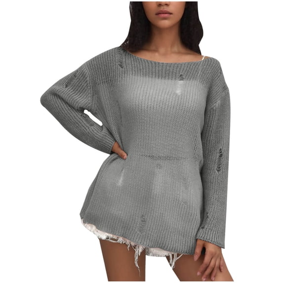 ATOYSOY Women's Round Neck Blouses Outwear Loose Ripped Sweaters Solid Color Pullover Long Sleeve Dressy Tunic Tops Fall Winter Casual Knitted Sweatshirts Hollow Out Gray M