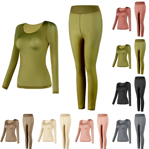 ATOYSOY Women's Round Neck Lounge Sets Fall Two Piece Basic Outfits Tracksuits Slim Tops Legging Skinny Pants Long Sleeve Padded Sleepwear Trendy Casual Beige L