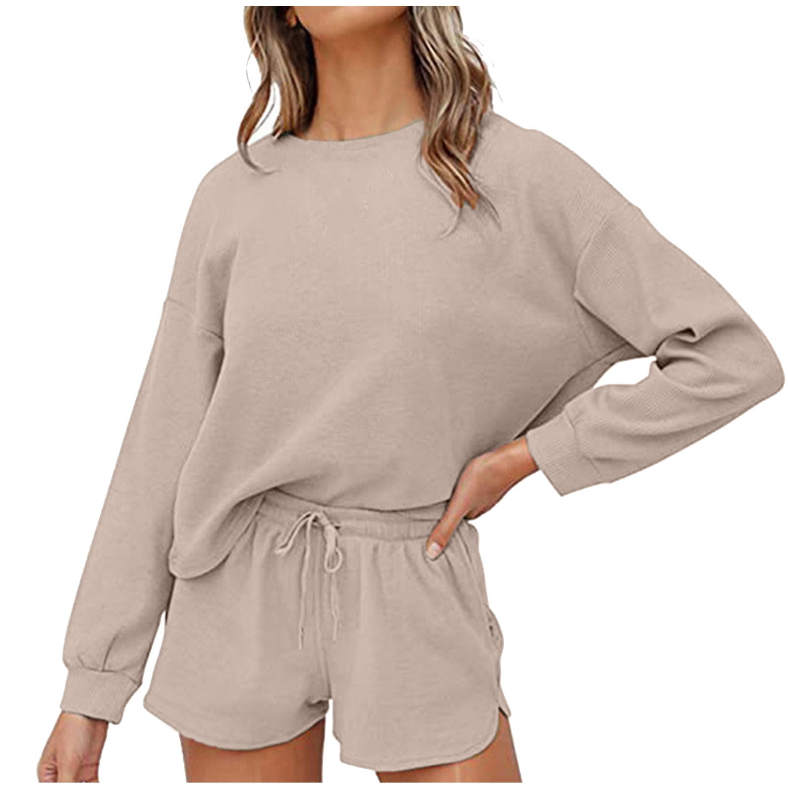 Women's Round Neck Lounge Sets Fall Two Piece Ribbed Outfits Pajamas Tracksuits Activewear Casual Sweatshirts Drawstring Shorts Trendy Sweatsuits Beige L