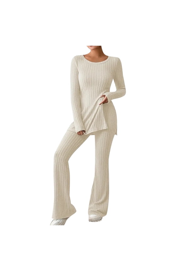 Women's Round Neck Lounge Sets Fall Two Piece Ribbed Outfits Pajamas Tracksuits Trendy Split Tops Legging Flared Pants Long Sleeve Sweatsuits Casual S