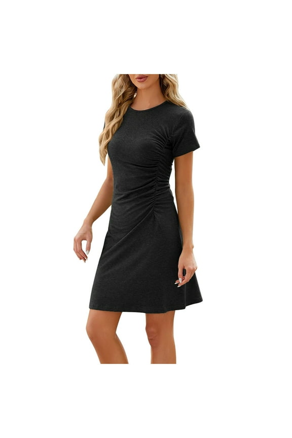 Women's Round Neck Mini Loose Dress Pleated Cotton Lined Elegant Casual Relaxed Slim Retro Beach Sundress Trendy Short Sleeve Workout Dress for Girls Black