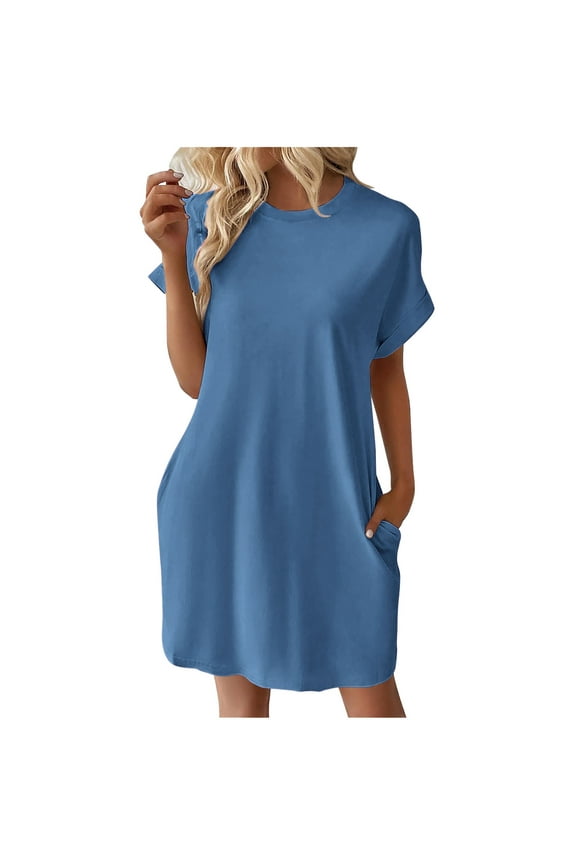 Women's Round Neck Mini Loose Dress Sleepwear Beach Sundress Casual Relaxed Nightdress Solid Color Retro Short Sleeve Trendy Workout Dress for Girls Blue XXL