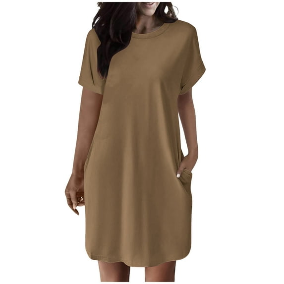 ATOYSOY Women's Round Neck Mini Loose Dress Sleepwear Beach Sundress Retro Short Sleeve Trendy Solid Color Casual Relaxed Nightdress Workout Dress for Girls Yellow S