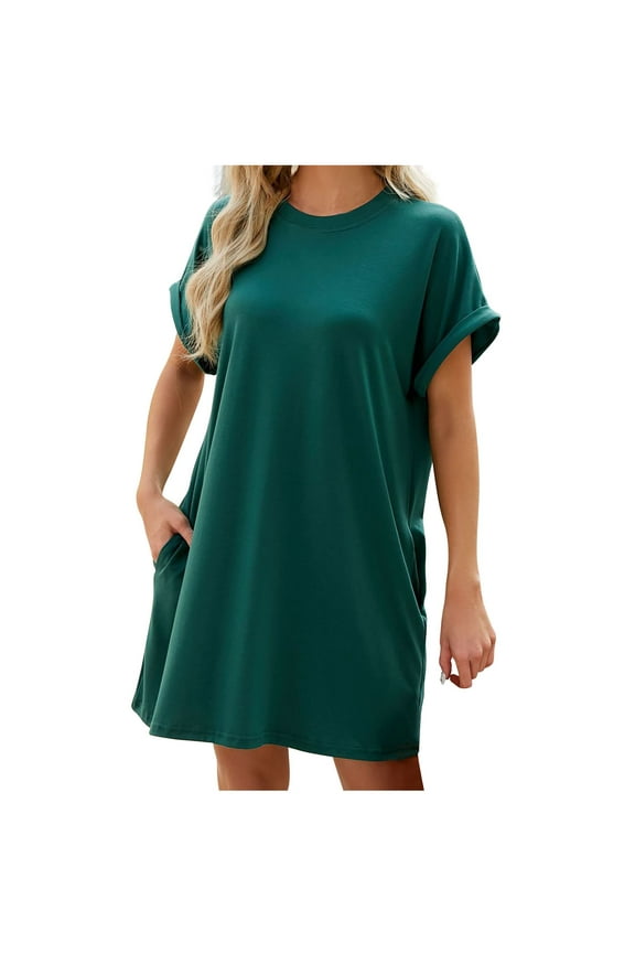 Women's Round Neck Mini Loose Dress Sleepwear Solid Color Casual Relaxed Nightdress Retro Trendy Short Sleeve Beach Sundress Workout Dress for Girls Green